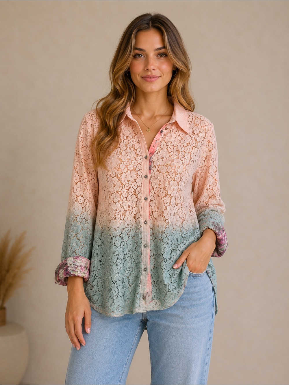 Soft Surroundings Ombre Lace Tunic Silk Trim Button Front Boho Romantic Blouse
